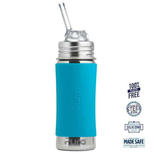 Pura® - Kiki Straw Baby Sutteflaske 6+ mdr. Aqua 325ml - Fast flow - pura®