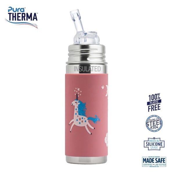 Pura® - Therma Kiki Straw Baby Sutteflaske 6+ mdr. Enhjørning 260ml - Fast flow - pura®