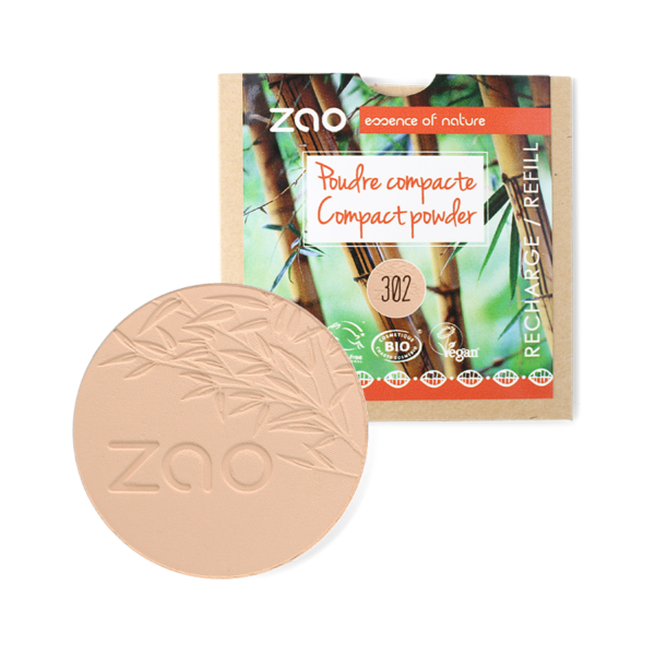 ZAO, Økologisk Compact Powder, 302 Beige Orange, Refill, 9 g